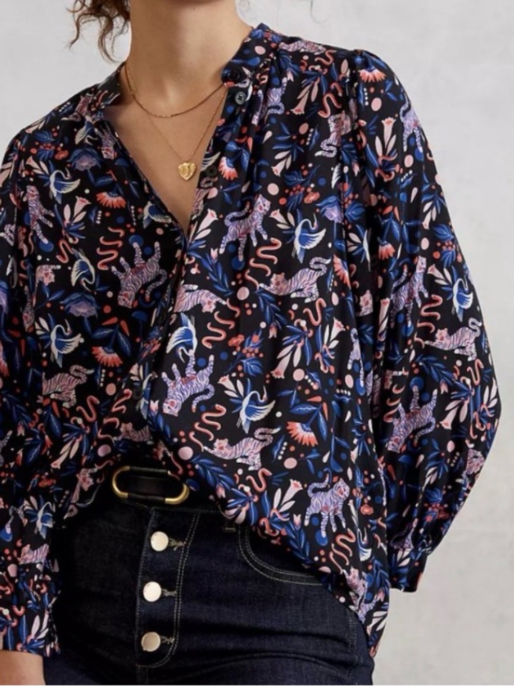 Anthropologie Tiger & Bird Print Button Down Blouse - Small